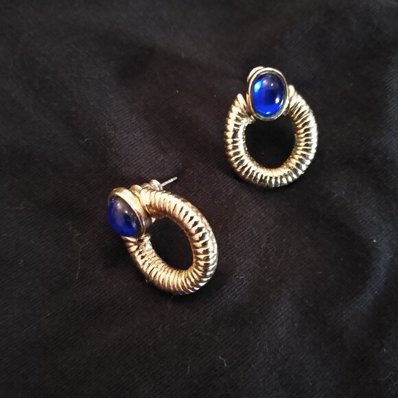 Vintage Door-Knocker Earrings with Imitation Lapis Lazuli Stone - Picture 2 of 2